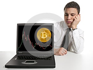 Sad businessman investing in Bitcoin BTC