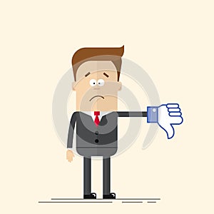 Sad businessman or manager shows a sign Thumb Down blue color. Dislike icon. A man in a business suit and tie. Comic