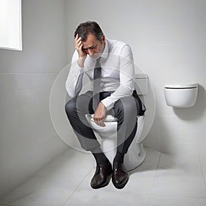 sad businessman sitting on a toilet