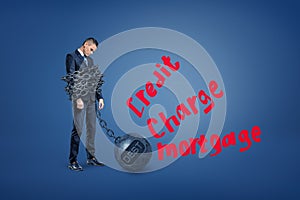 A sad businessman stands bound by a iron ball chain with red written words Credit, Charge and Mortgage nearby.