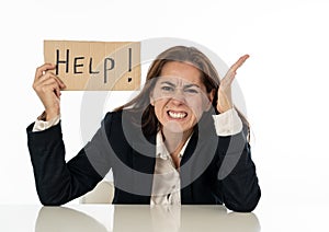 Sad businesswoman holding a help sign