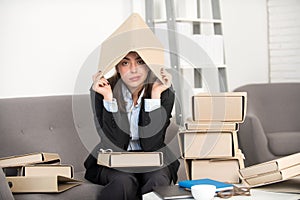 Sad busy secretary with many folders of documents, stressed overworked business woman too much work, office problem