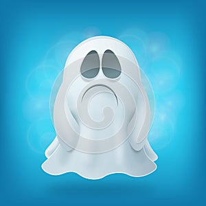 Sad cartoon ghost on blue background. Halloween party design element