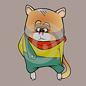 Sad cartoon ginger cat in overalls and scarf