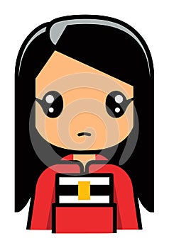 Sad cartoon girl with long black hair, red dress, holding a book. Disappointed young female character with a book vector