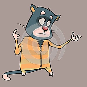 Sad cartoon gray cat in overalls shows his hand to the side