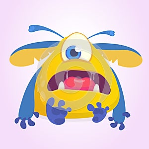 Sad cartoon monster character. Halloween vector blue yellow alien with one eye.