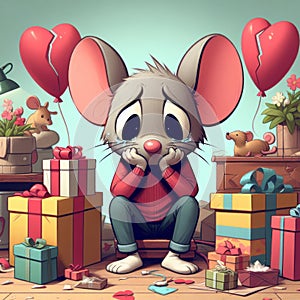 A sad cartoon mouse surrounded by unwrapped gifts and balloons