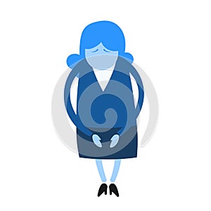 Sad cartoon woman holding her hands next to like in pain. Cartoon design icon. Colorful flat vector illustration