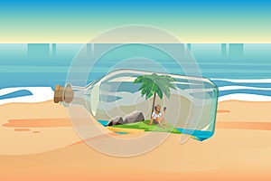 A sad castaway man stranded on an island in the middle of the ocean inside of the bottle