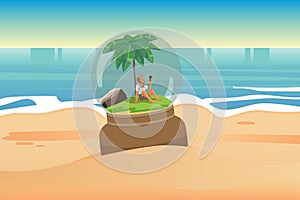 A sad castaway man stranded on an island in the middle of the ocean inside of the crystal ball