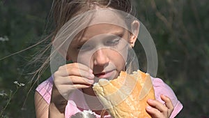 Sad Child in Abandoned House Depressed Stray Girl, Homeless Kid Eating Bread