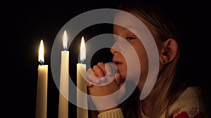 Sad Child by Candles, Prayer Girl in Night, Pensive Upset Kid Portrait, Face 4K