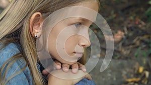 Sad Child, Unhappy Kid, Thoughtful Bullied Teenager Girl Outdoor in Park, Children Sadness, Depression Portrait of Adolescents