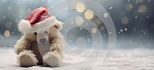 Sad Christmas, end of holiday, loneliness, solitude, depression concept. Toy teddy bear with Santa hat sitting alone on