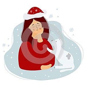 Sad Christmas. lonely girl in a Santa Claus hat with a cat. Vector illustration. Character for the concept of sad