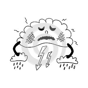 Sad cloud character is making a storm and rain. Hand drawn comic isolated vector illustration for coloring book.