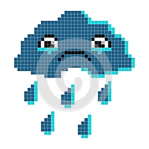 Sad cloud. Pixel art, cartoon vector illustration.