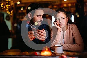 Sad couple having conflict and relationship problems