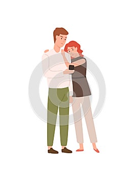 Sad couple use smartphone together vector flat illustration. Unhappy cartoon man and woman seeing terrible information