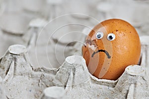 Sad cracked egg in paper egg tray