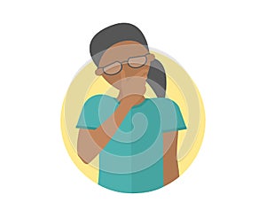 Sad, crying, depressed black girl in glasses. Flat design icon. Pretty woman in grief, sorrow, trouble. Simply editable isolated