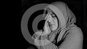 Sad Crying Depressed Muslim Woman in Black and White