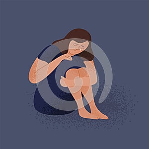 Sad crying lonely young woman sitting on floor. Depressed unhappy girl. Female character in depression, sorrow, sadness