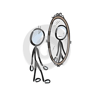 Sad crying man looking in mirror. Vector simple low self esteem reflection in the mirror. Stickman no face clipart cartoon. Hand