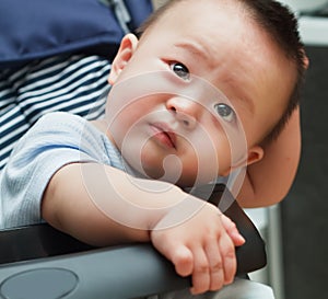 Sad cute asian baby watching out