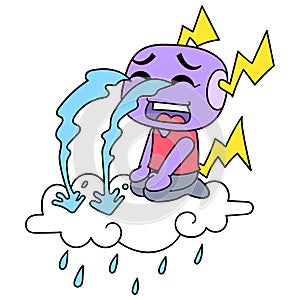 A sad cute creature sobbed sobbing above the clouds causing rain. doodle icon image kawaii