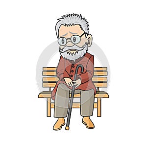 Sad cute old man with a cane sitting on a wooden bench. Lonely vector cartoon grandfather. Unlucky pensioner