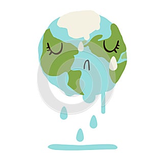 Sad cute planet earth melting down and crying