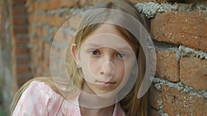 Sad Depressed Child Looking in Camera, Bored Girl Portrait, Unhappy Kid Face
