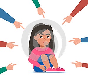 Sad or depressed girl kid surrounded by hands with index fingers pointing at her. Social bullying concept. Public trolling,