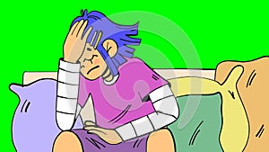 Sad depressed teenage girl sitting on a couch. Cartoon illustration isolated on green