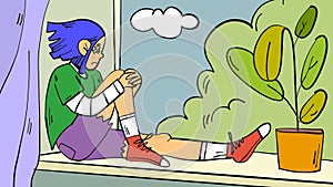 Sad depressed teenage girl sitting on windowsill cartoon illustration