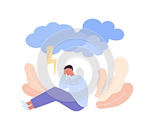 Sad and depression concept. Vector flat people illustration. Man sitting in lonely depressed pose. Cloud with lightning sign.