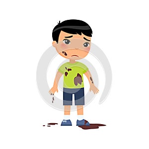 Sad dirty  boy flat vector color illustration. Unhappy asian toddler in mud. Bad child behavior.