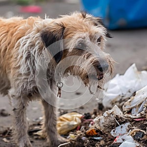 Sad, dirty dog near the garbage. World Homeless Animals Day. A hungry animal is looking for food