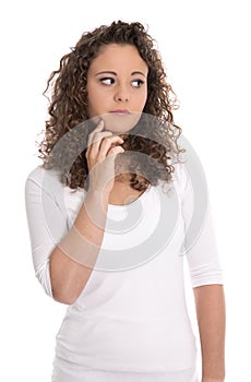 Sad and disappointed young woman over white background.
