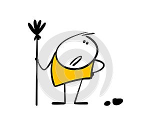 Sad disgruntled stickman janitor holds a broom and looks at the dirt on the ground. Vector illustration of a cleaning