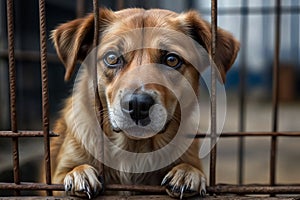 A sad dog from behind a metal fence