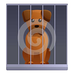 Sad dog in shelter cage icon, cartoon style