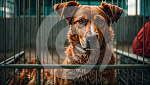 Sad dog at shelter canine sad animal lonely homeless concept adopt cute fence