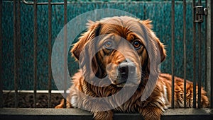 Sad dog shelter canine sad animal lonely homeless concept adopt cute fence