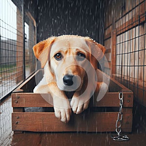 A sad dog sits in a wooden box in a cage in the rain.