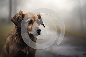 Sad dog sitting on rainy road. Generative AI