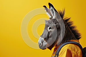 Sad donkey as a student with backpack, on yellow background.