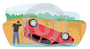 Sad Driver Stand near Broken Car Fall from Cliff into Water, Automobile Lying on Roof. Accident, Dangerous Situation,